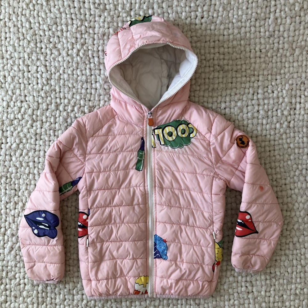 Save The Duck Kids Pink Puffer Jacket Size 6 Years Animal Free Lipstick IceCream